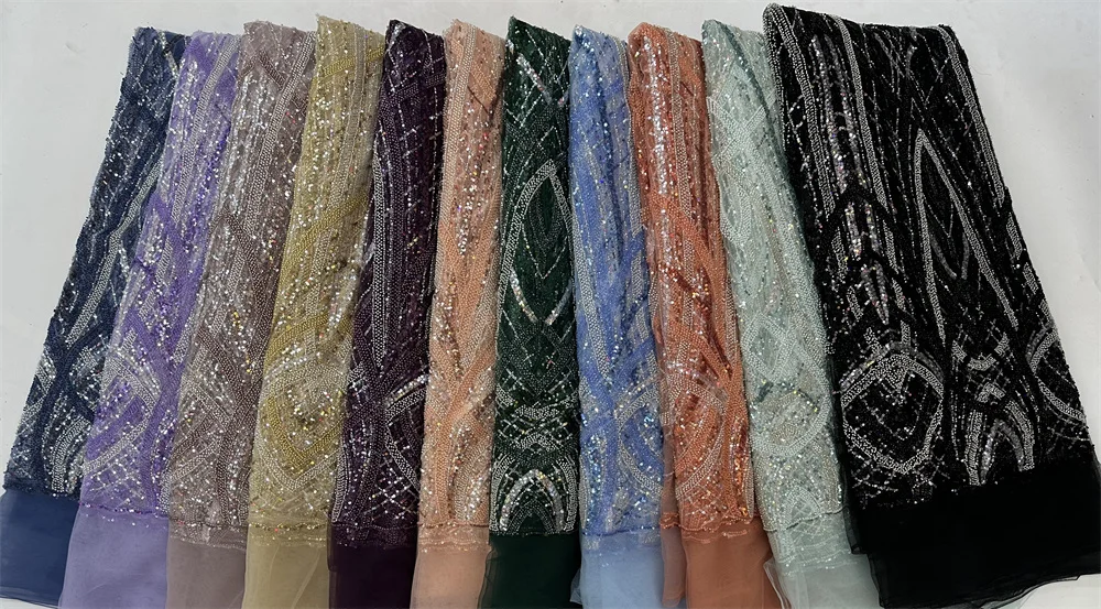 African French Beaded Lace Fabric 2026 High Quality Lace Embroidered Nigerian Sequins Tulle Lace 5 Yards For Party Dress Sewing 3