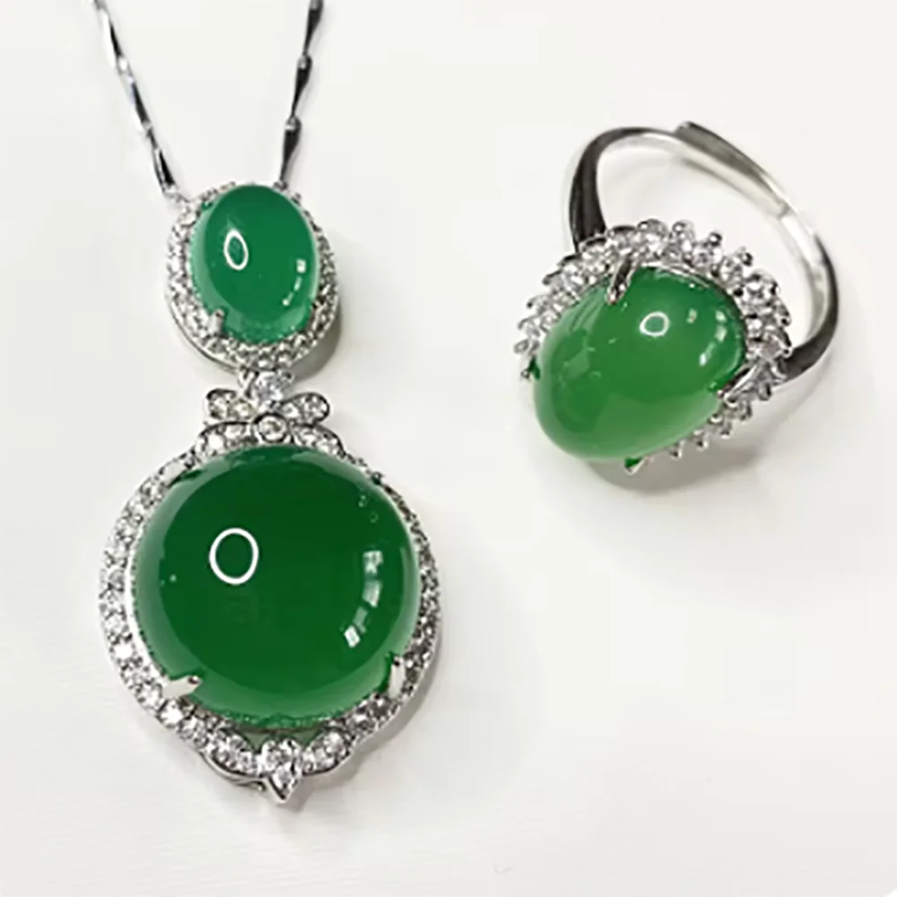 

Natural green chalcedony emerald emerald S925 set with gem necklace pendant ring