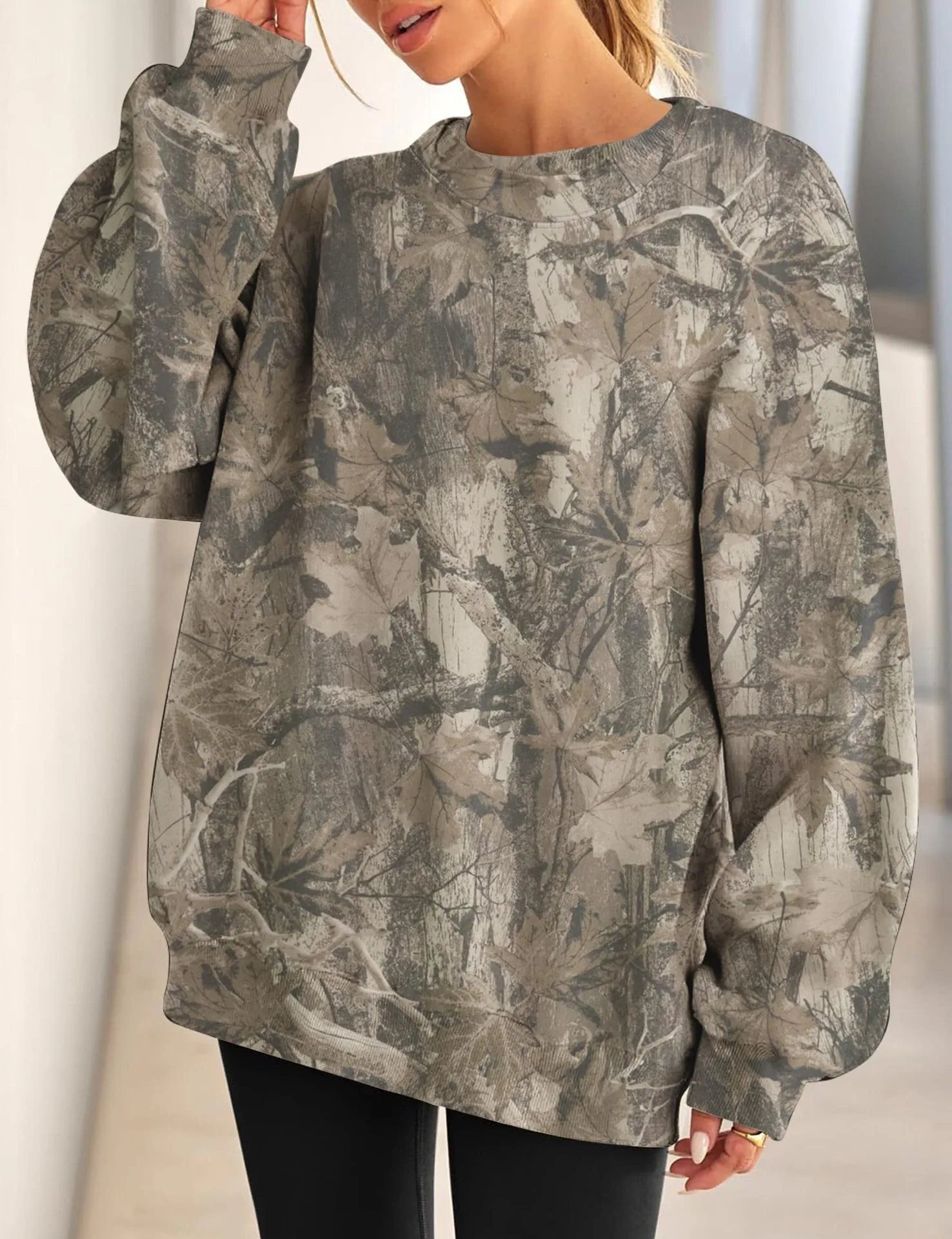 Printed Loose Fit Hoodie with Plant Floral Pattern Mid Length Streetwear No Hood Casual Long Sleeve Pullover Women Hoodie