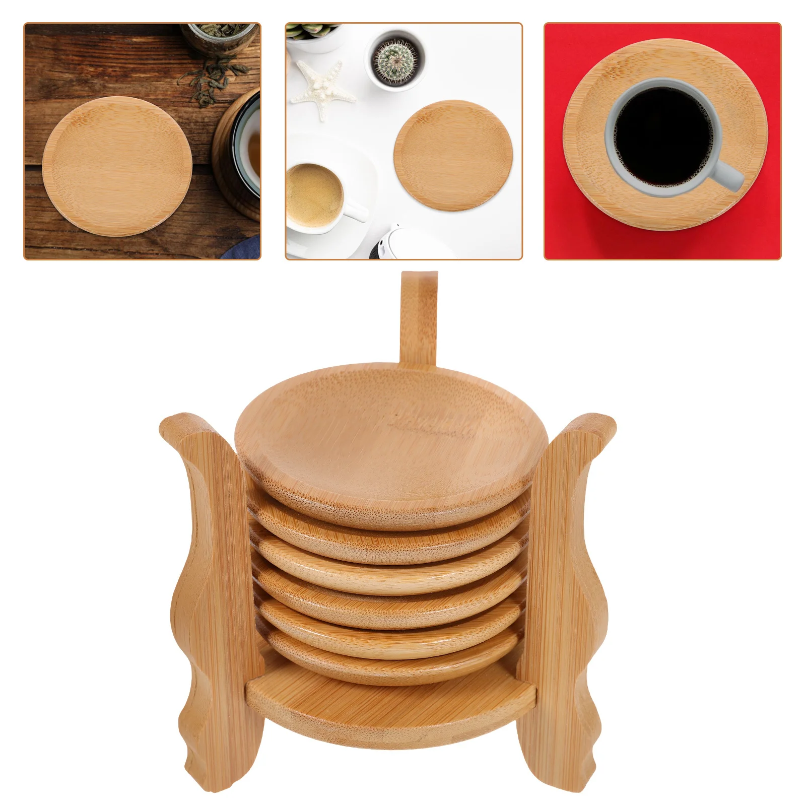 

1 Set Round Coasters Bamboo Coaster Holder For Tea Coffee Drinks Table Use Eco-Friendly Wood Beverage Protector Set Heat