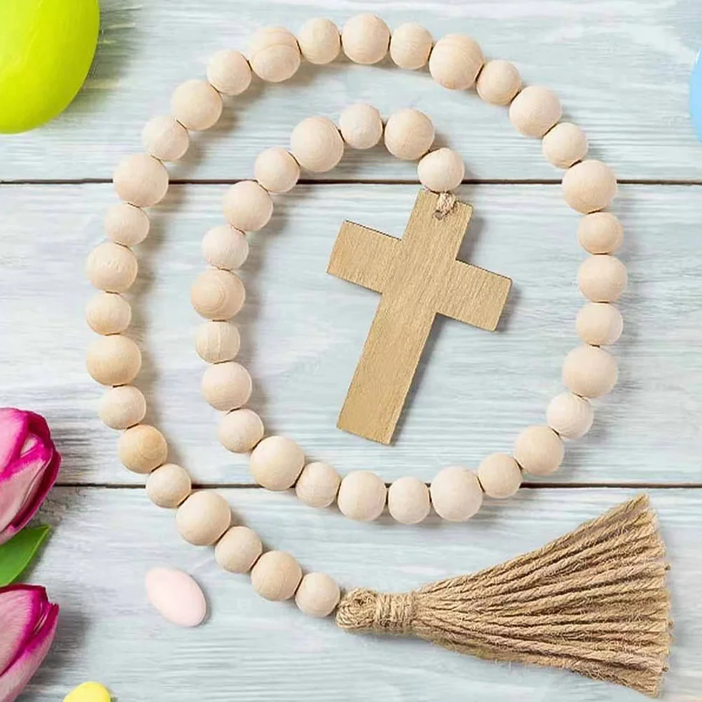 

Natural Wood Bead String with Tassels Easter Hanging Decoration Crafted Cross Pendant Beaded Garland for Window Door Mantel
