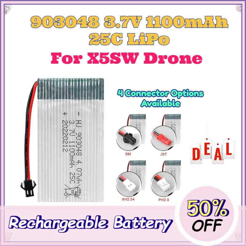 3.7V 1100mAh 25C 903048 Lipo Battery for X5SW Drone RC Quadcopter with XH2.54 SM JST PH2.0 Connector Options