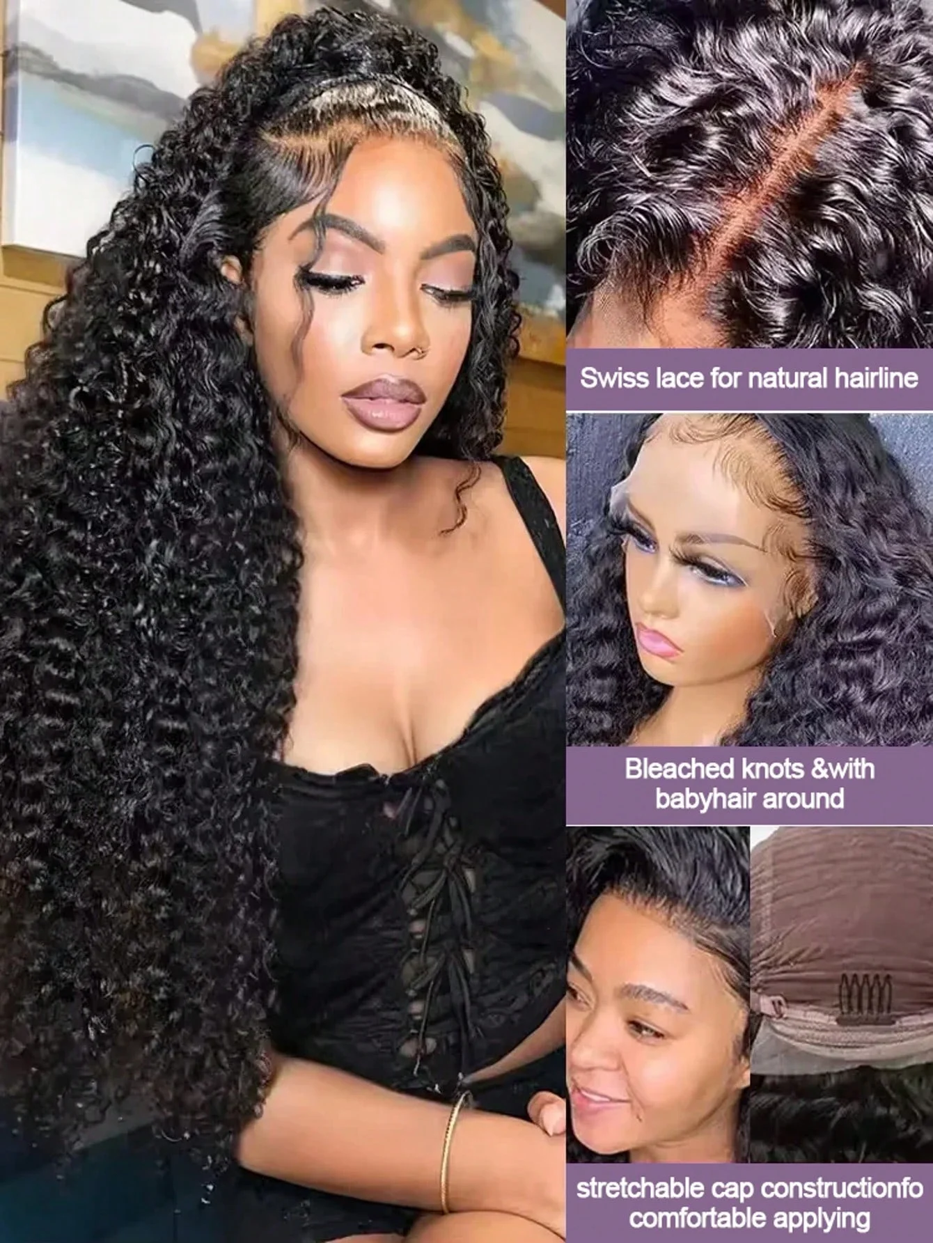 40 Inch Natural Black Water Deep Wave Human Hair Wigs For Women, 13x4 13x6 HD Transparent Lace Frontal Wig 200 Density Pre Plucked Glueless Lace Front Wig image 5