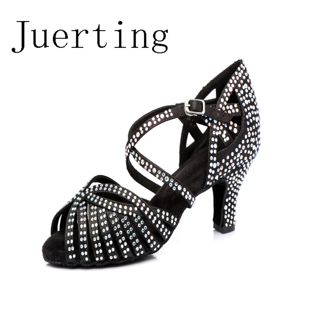 Juerting's new black hot diamond Modern Jazz salsa soft soled women's adult Latin Chachalumba Bachata dance shoes