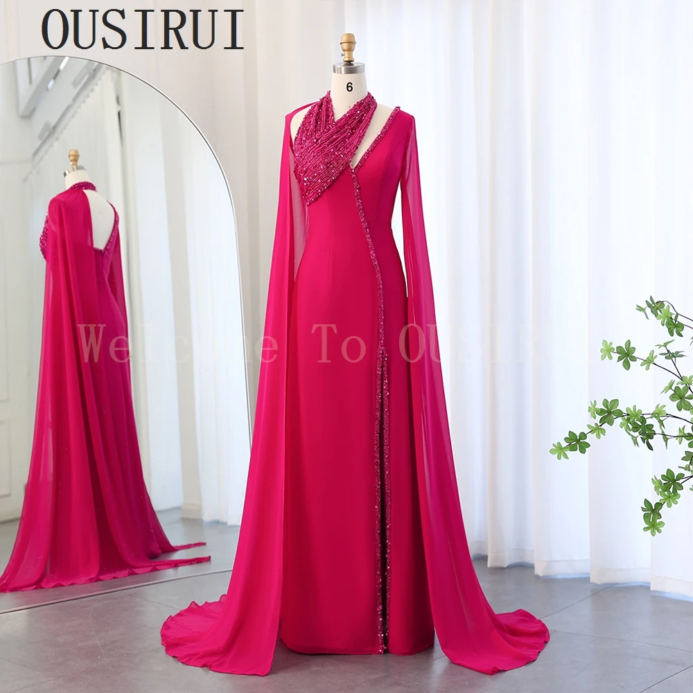 OUSIRUI Turquoise Chiffon Dubai Evening Dress with Cape Sleeves Fuchsia Lilac Arabic Women Wedding Party Gowns