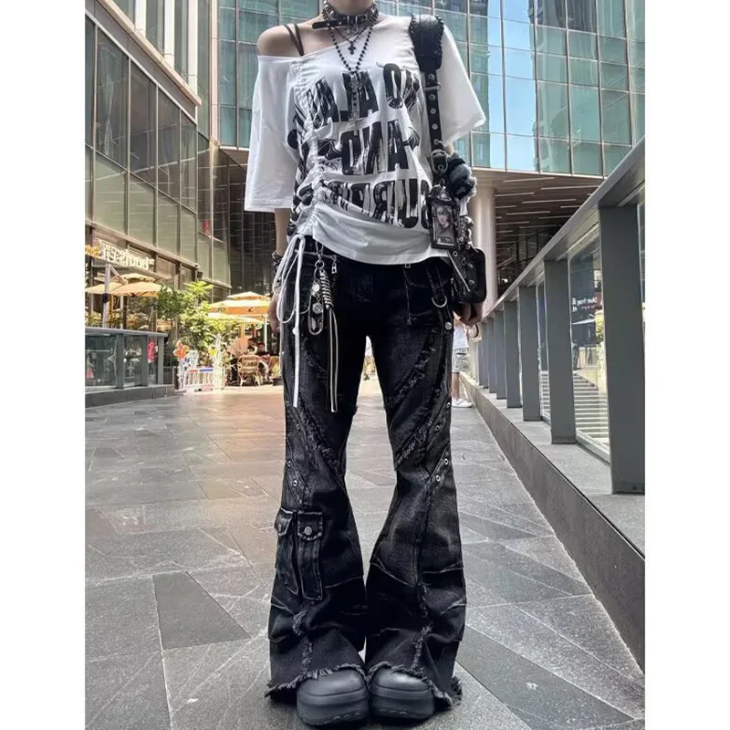 2026 Mädchen-Jeans mit Taschen, Designer-Schlaghose, schicke Retro-Hose mit hoher Taille, lässige Damenhose, schmal geschnittene, dünne Denim-Hose