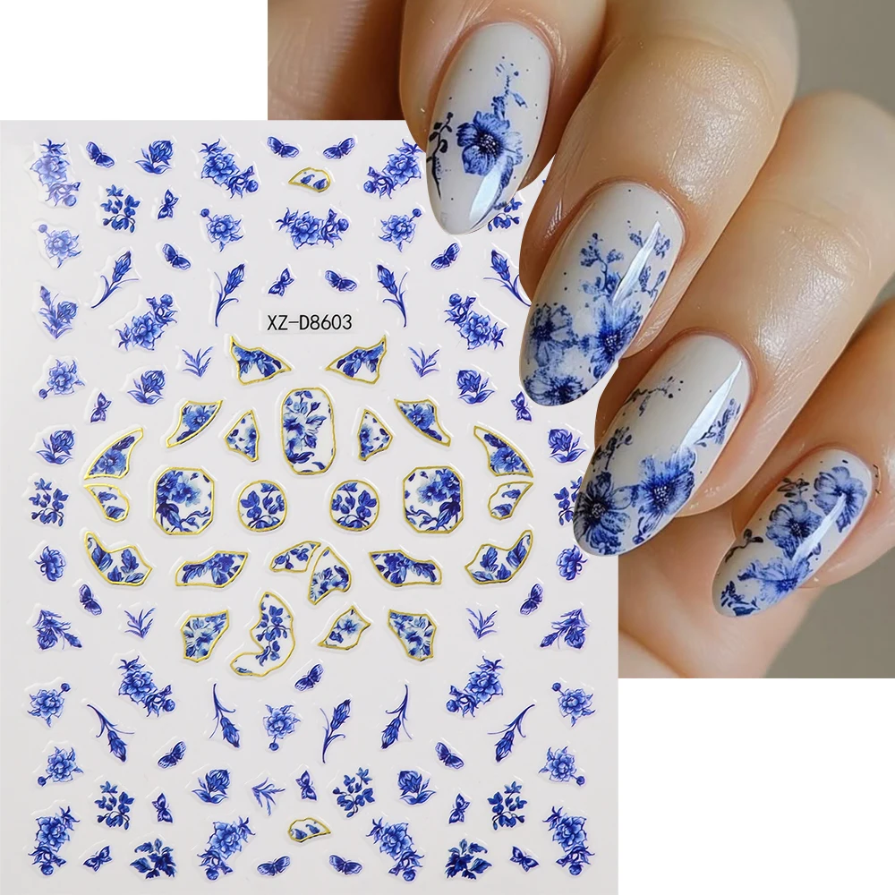 Autocollants 3D rétro bleu Floral pour Nail Art, 1 pièce, décalcomanies auto-adhésives en porcelaine bleue et blanche, peinture à l'encre, décoration d'ongles de fleurs