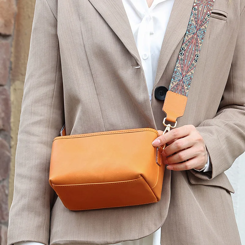 

Chic Zipper Square Crossbody Purse Women Adjustable Unique Colorful Ethnic Patterned Strap Cowhide Leather Single Shoulder Bags