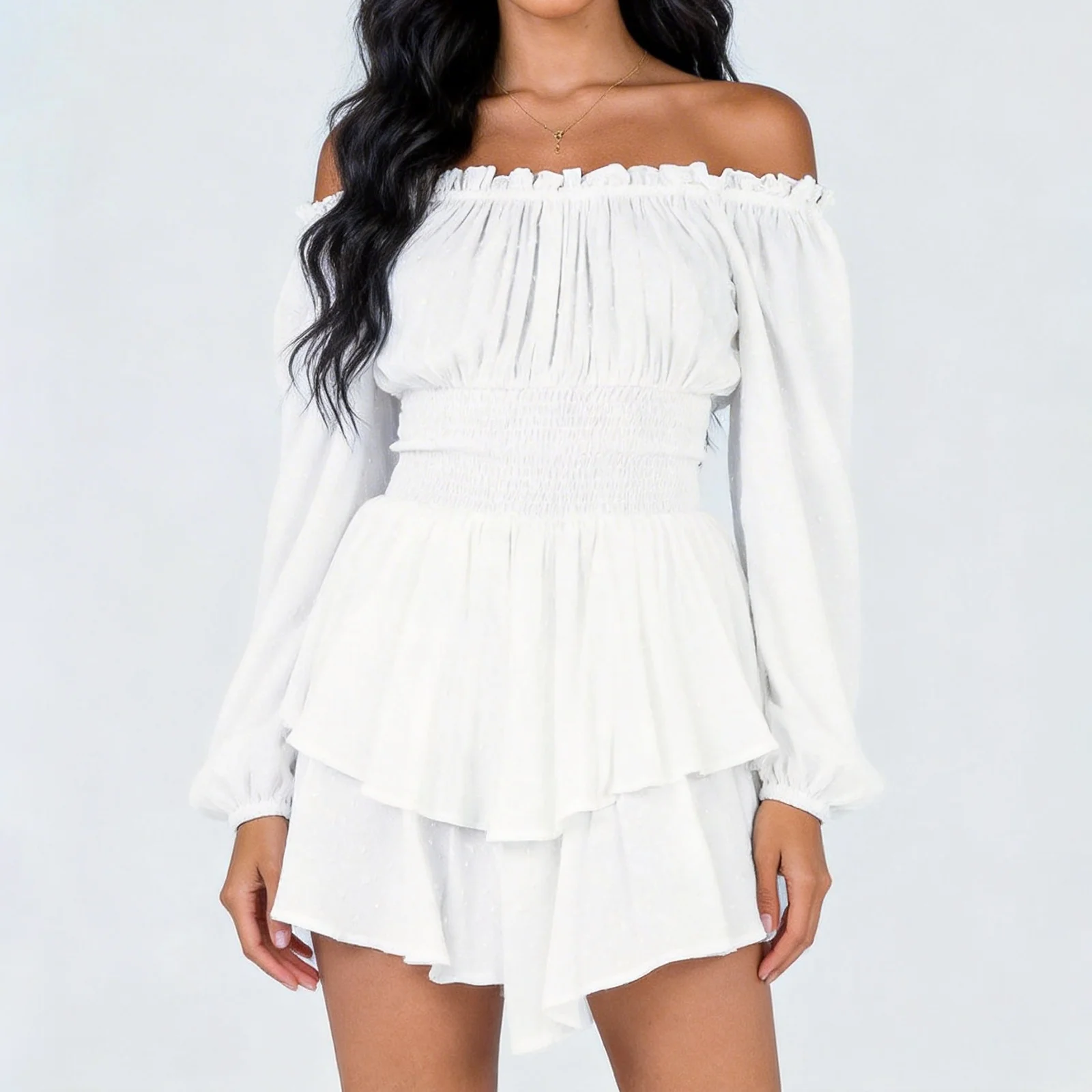 

Женское платье с открытыми плечами, однотонное, в горошек, с вырезом-лодочкой, длинными рукавами, модное, с асимметричным подолом, повседневное мини-платье