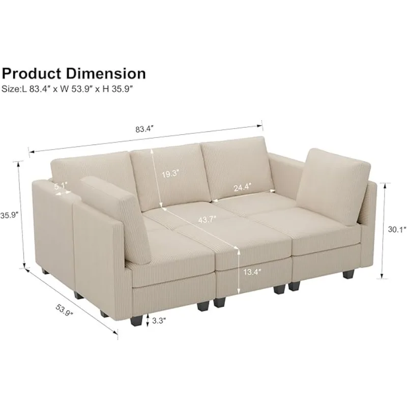 Modular Sectional Sleeper with Storage  Corduroy Couch Chaise Convertible Modern Sofa Beige