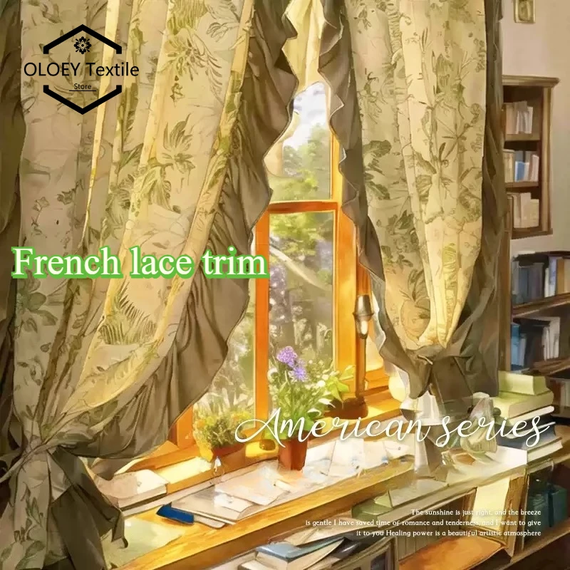 

French Vintage Curtain Country Style Green Lace Scallop Edge Sheer Curtain for Bedroom Living Room Elegant Light Filtering Gauze