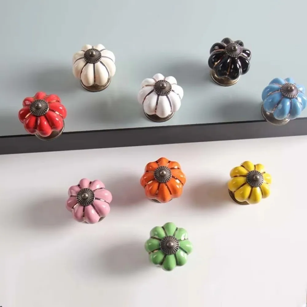Vintage Pumpkin Shape Cabinet Handles Single Hole Round Shape Door Knobs Colorful Decorative Cabinet Pulls Furniture Doors