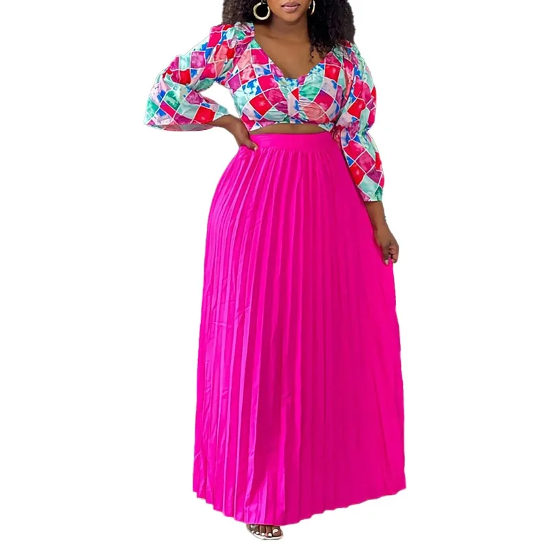 African Clothes for Women Summer 2024 Elegant African 3/4 Sleeve Print 2 PCS Top Long Pleat Skirts Matching Sets Africa Clothing