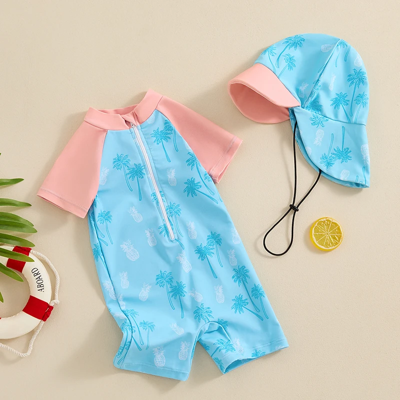 Maiô de proteção contra queimaduras para bebê menino, casual, manga curta, zíper, roupa de banho com chapéu de sol, conjunto de 2 peças para 0-3 anos