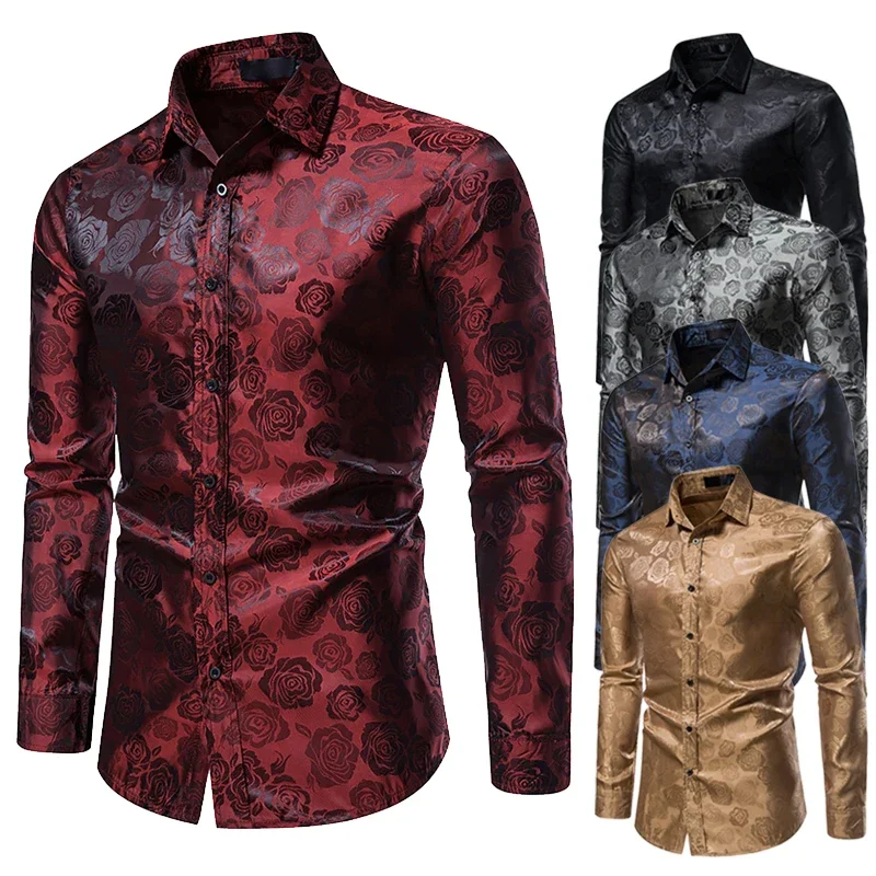 

High Quality Men's Long Sleeve Casual Shirt Fashion Gloss Print Shirt Man Disco Party Wedding Dress Shirt