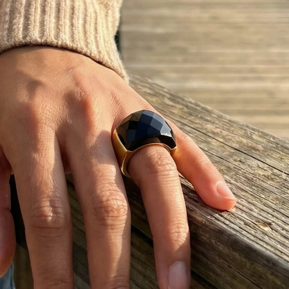 Vintage schwarze Harzringe für Frauen, goldfarbener Edelstahlring, Hochzeit, Party, ästhetischer Schmuck, Geschenk