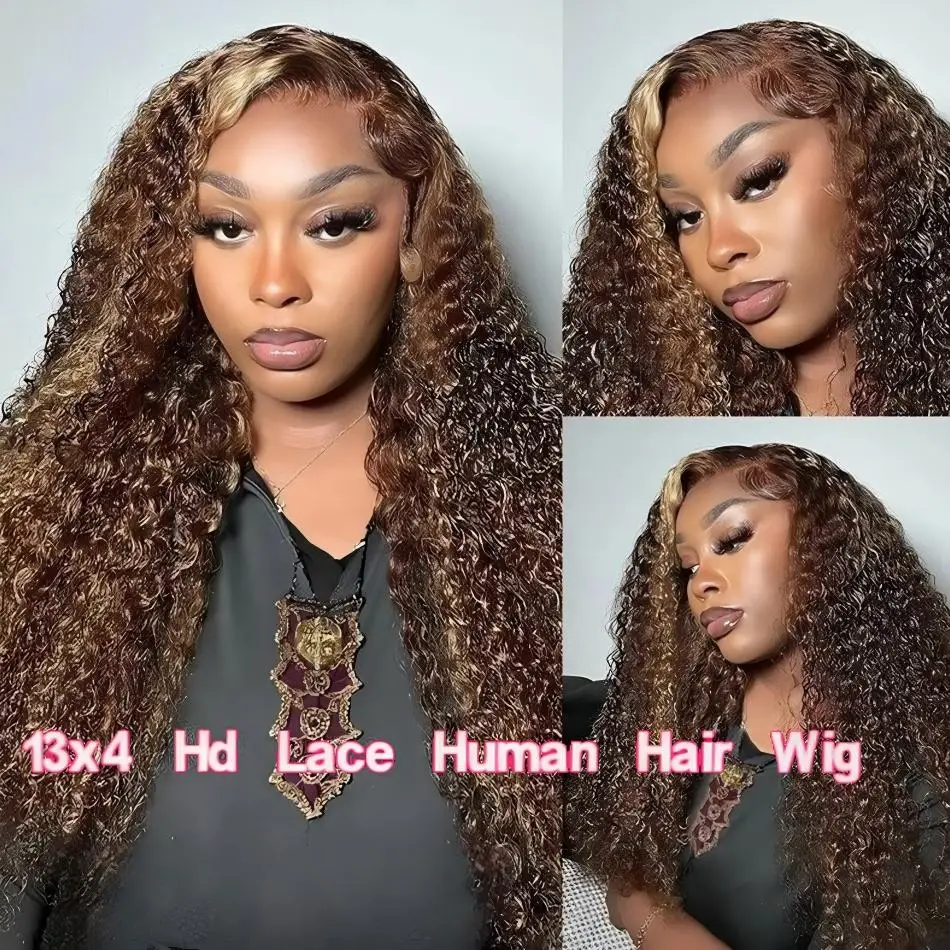 Deep Wave Curly Human Hair Wig Honey Blonde Highlight Wig Human Hair 5x5 HD Lace Closure Wig Glueless Wigs Human Hair For Woman image 3