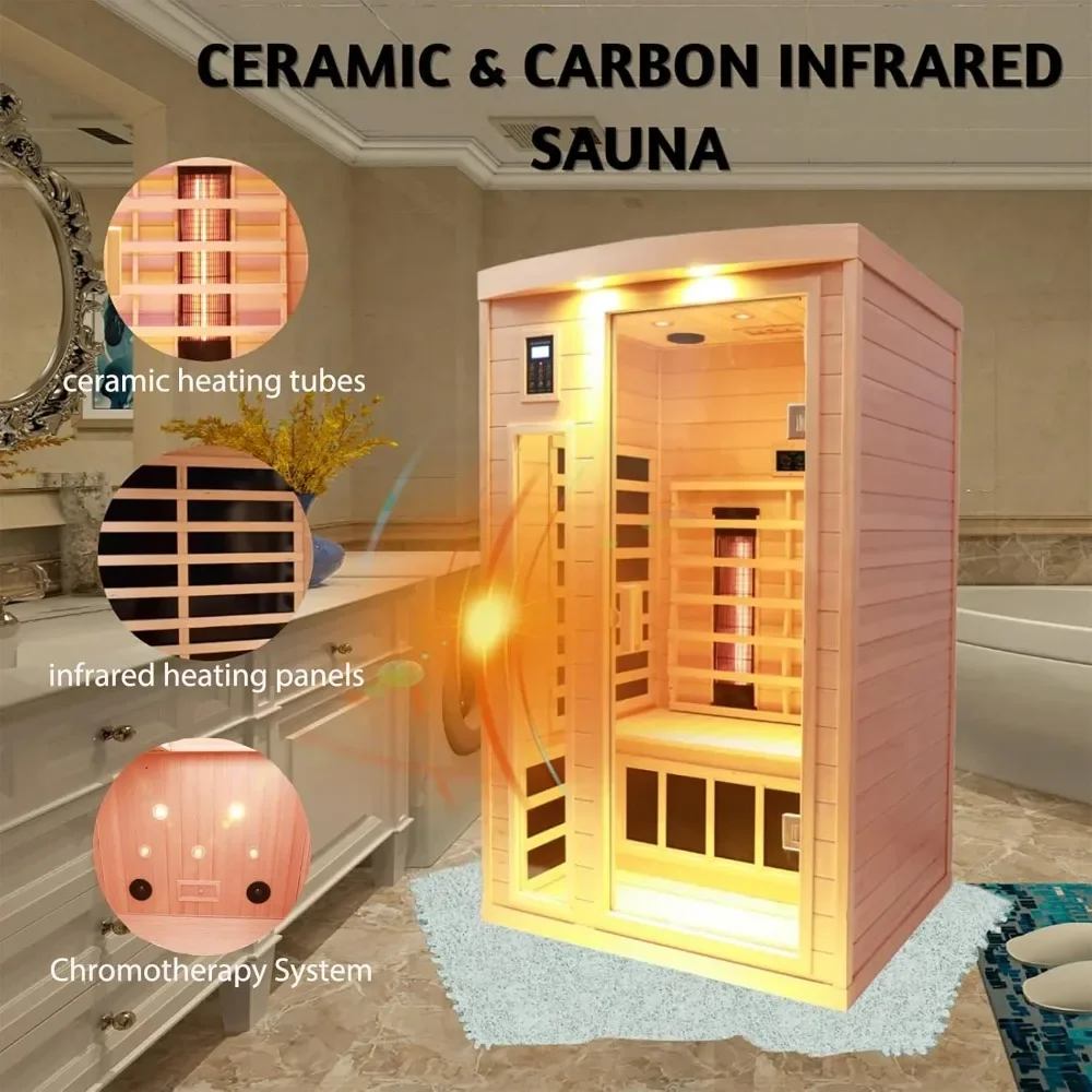 2 Person Far Infrared Sauna, 2 in 1 Indoor Sauna with Low EMF Heaters + Ceramic Heating Cubes-Chromotherapy-Bluetooth Speaker