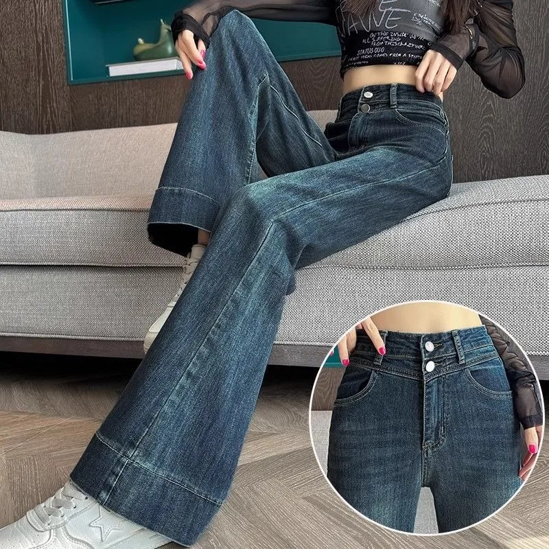 

This Year's Popular Hit Stretch Double-button Wide-leg Slightly Flared Jeans Women Spring Retro Flared Pants Fashion Personality
