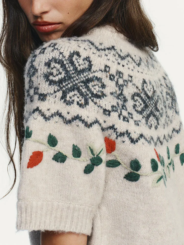 Top de Punto Dulce con Cuello Redondo, Manga Corta, Patrón Flordado, Nueva Llegada Invierno 2025, Moda Femenina Estilo ...