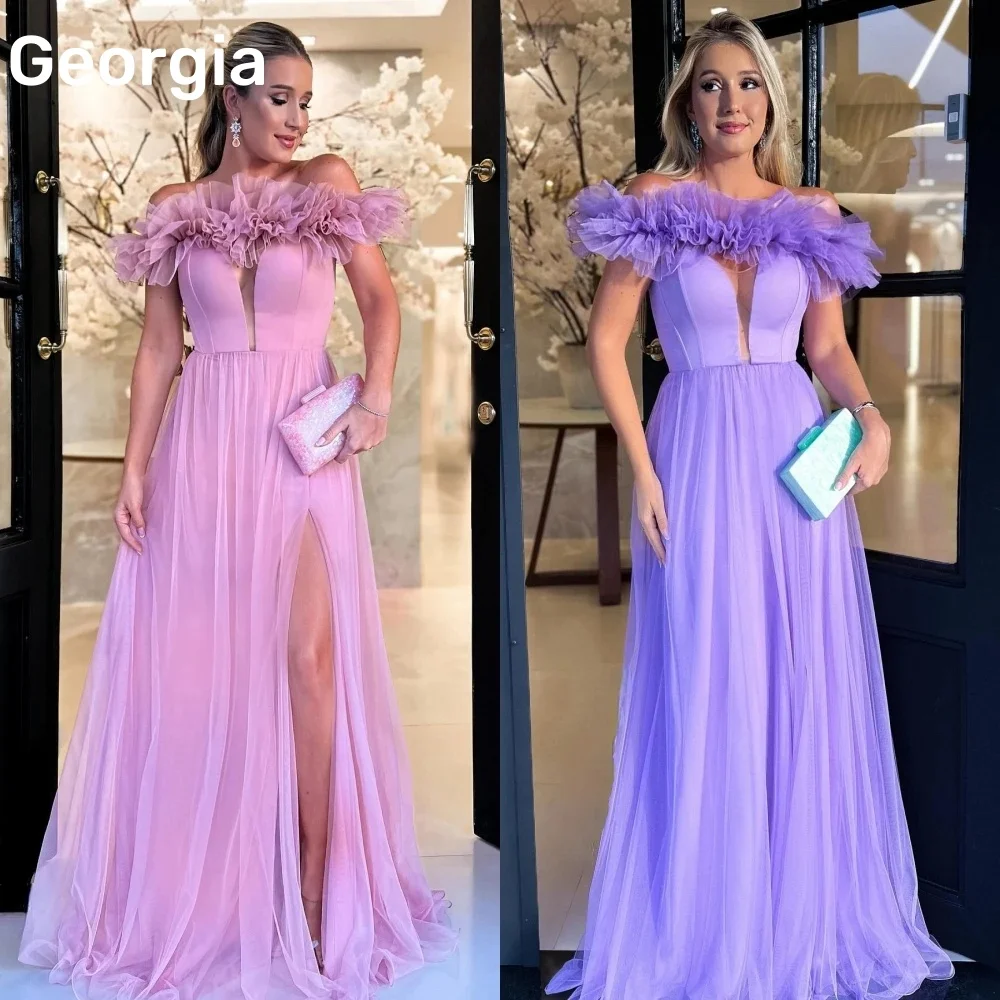 

Customized Prom Dresses Lavender Tulle A-Line Robes De SoiréE Elegant Off The Shoulder Evening Dresses Floor-Length Cocktail Par