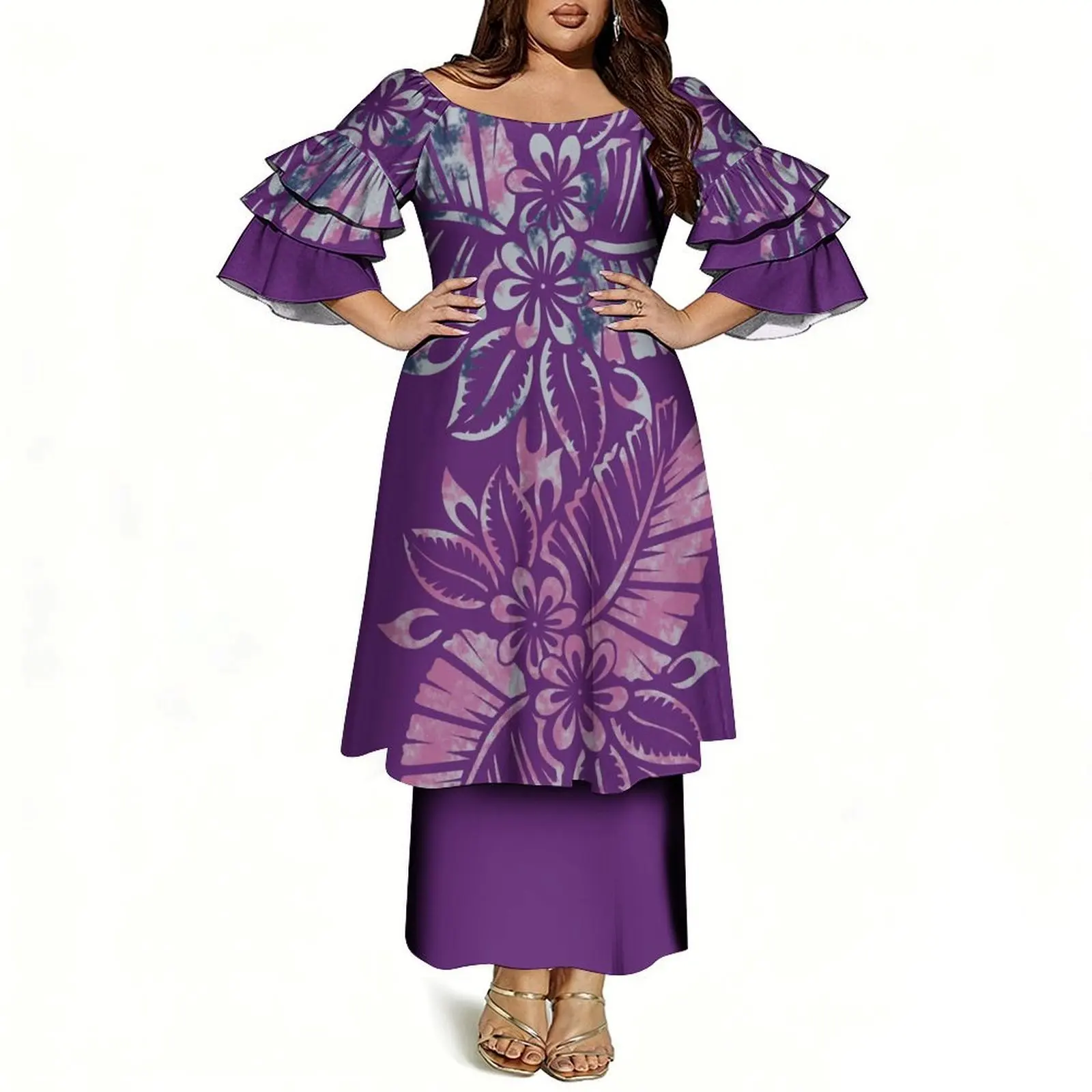 Comfortable And Soft Fabric Polynesian Women'S Custom Pattern Summer Three-Layer Sleeve Floral Print Puletasi Suit Skirt