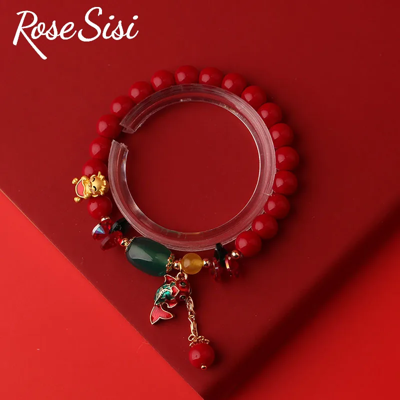 Rose sisi Chinese Style New Year Dragon Zodiac Bracelet for girl Red Coral Beads Elastic Handrope hansel Clothing accessories