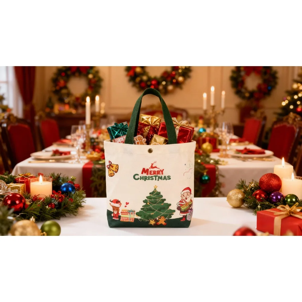 1 Pack Merry Christmas Canvas Tote Bag, Cute Xmas Tree Santa Reindeer Print Shoulder Handbag, Snap Closure Reusable Holiday Shopping Bag for Women Gift Christmas Party Daily Use
