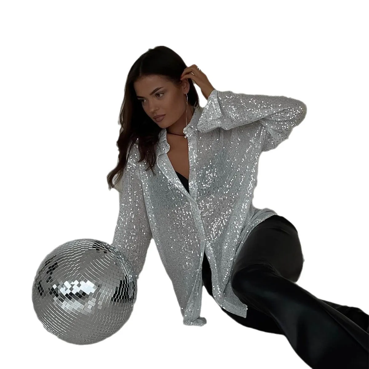 2025 ฤดูใบไม้ผลิฤดูร้อนใหม่แฟชั่นผู้หญิงสีทึบ Turn-Down COLLAR Single-breasted แขนยาวหลวมเลื่อมเสื้อหญิง