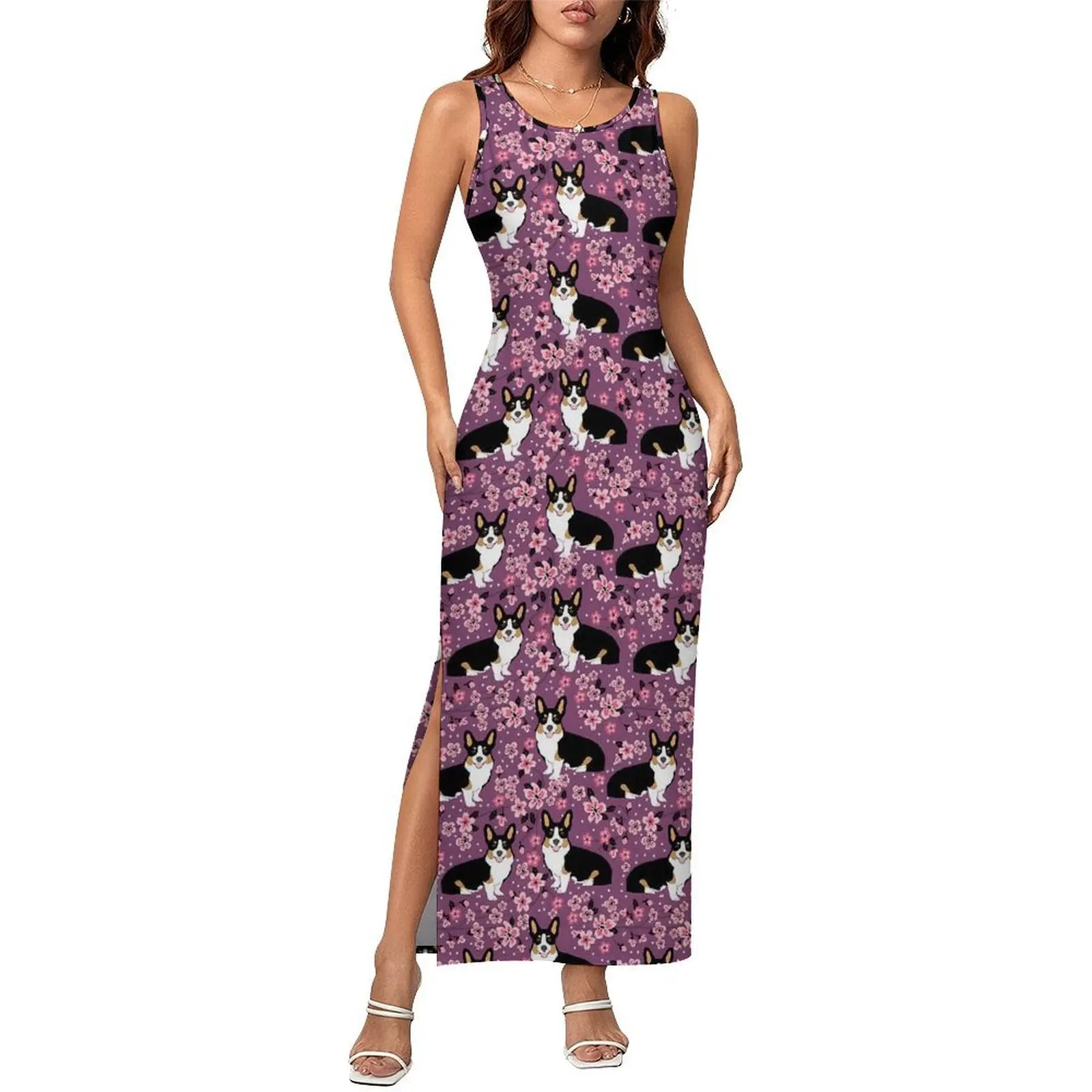 Vestido Corgi tricolor sin mangas con diseño de flor de cerezo, vestidos largos de moda, diseño estético de verano, vestido ajustado, talla grande 3XL 4XL