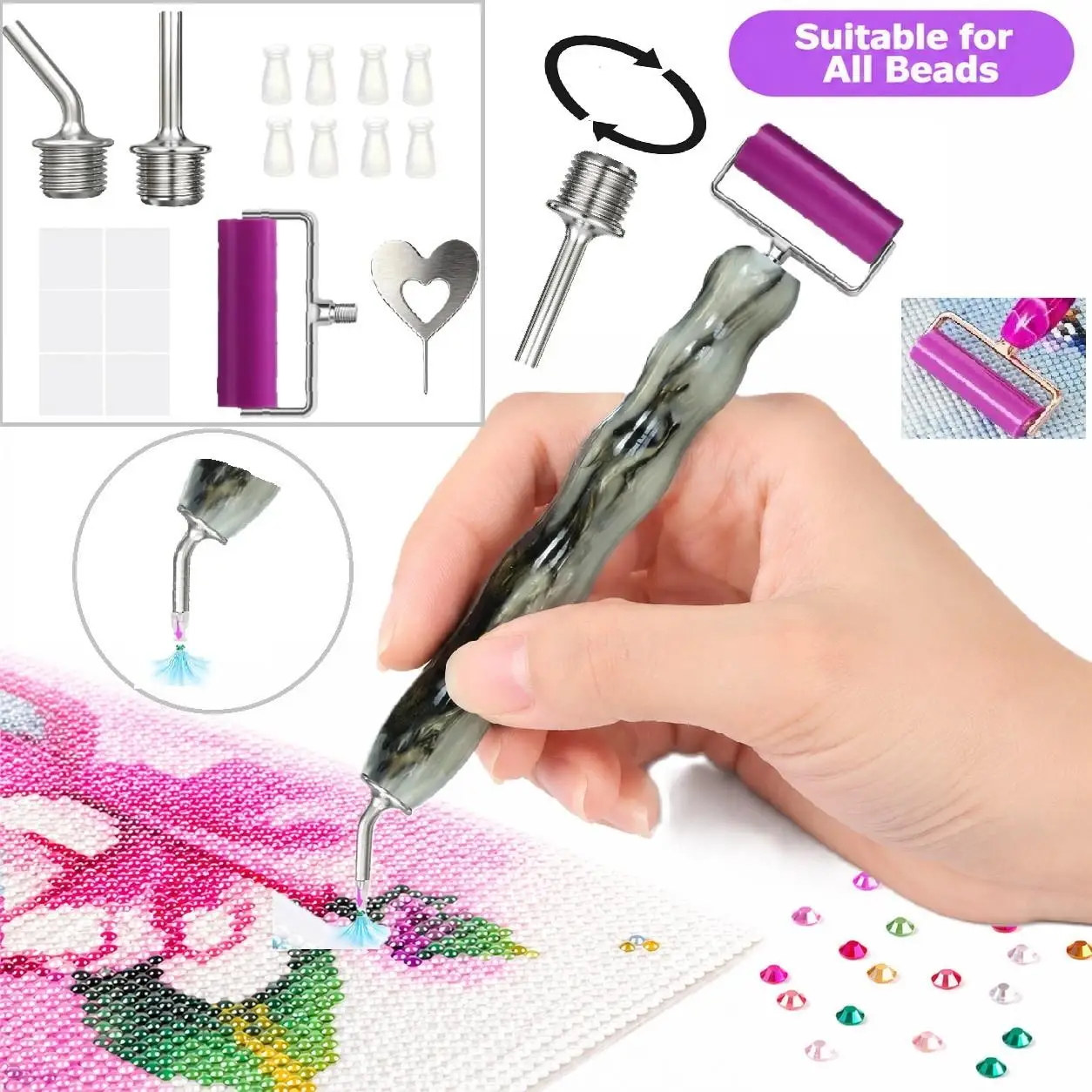 Final Resin Dotting Pen with Gourd-Shaped Design, DIY Diamond Painting Pen Tool Accessories, Dual-Purpose Diamond Painting Pen Accessories, Includes 6 Films, 8 Silicone Suction Heads, 1 Roller, Latest Model with Fine T