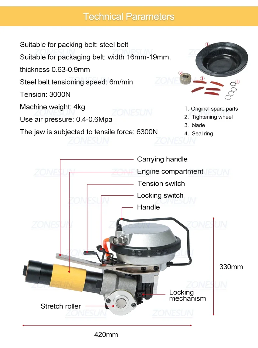 ZONESUN GZD-19 เครื่องรัดสายรัดแบบนิวเมติก เครื่องบรรจุ เครื่องวิดน้ํา