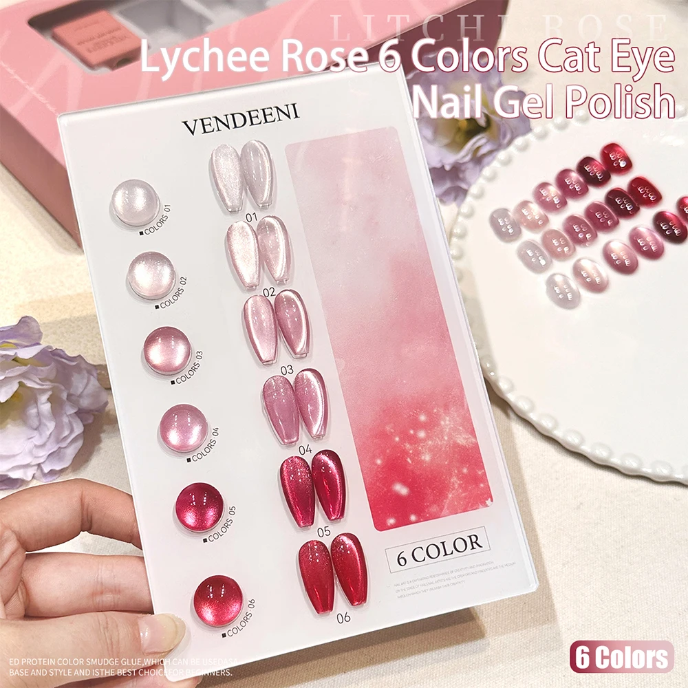 벤디니 6색/세트 레드 블루 퍼플 캣아이 젤 네일 폴리쉬 UV LED 크리스탈 마그네틱 매니큐어 네일 바니쉬 컬러 카드 포함