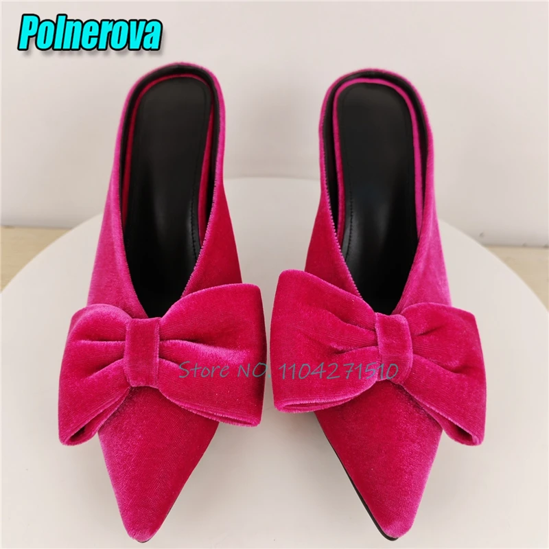 

Rose Red Velvet Bowknot Slippers Luxury Elegant Pointed Toe Thin High Heels Sandals Summer Sweet Girl Banquet Party Dress Shoes