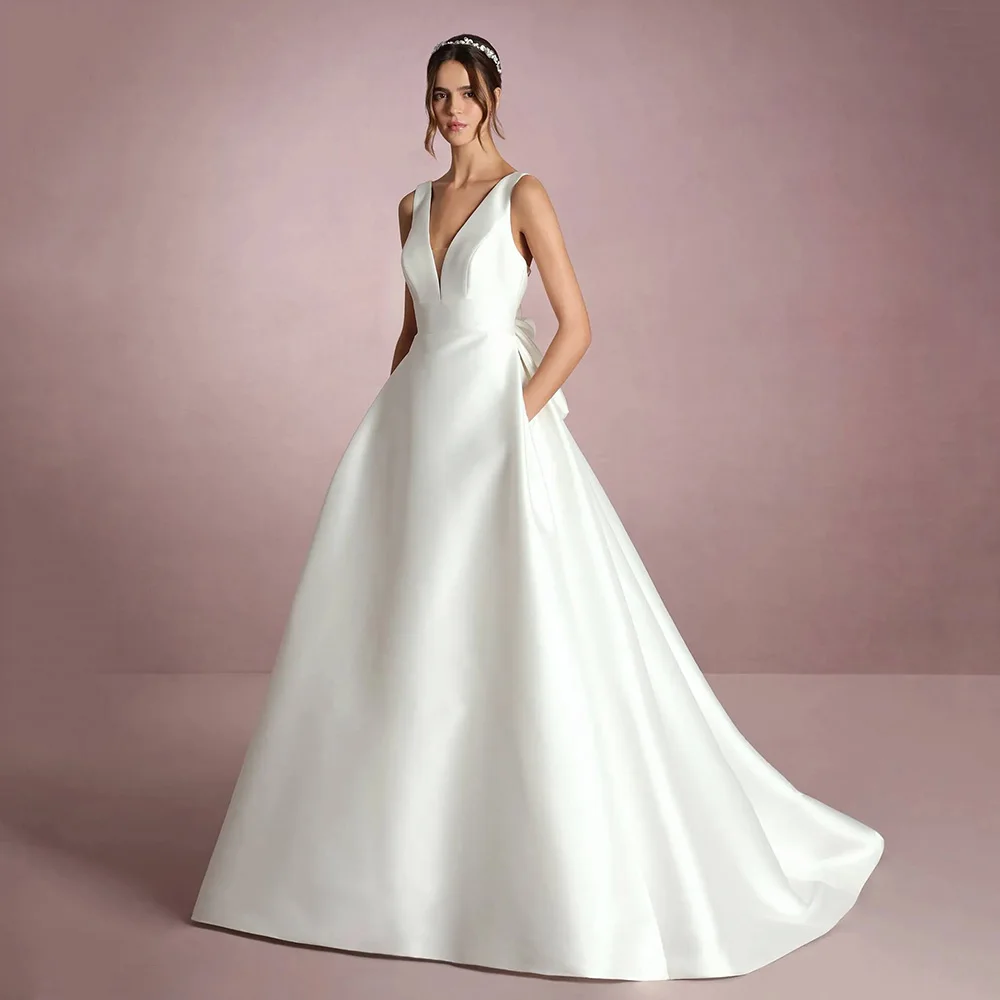 

Satin Wedding Dresses 2025 Deep V Neck Backless Bow A-Line Gown Elegant Simple Bridal Dress Modern Brides Dresses Customized