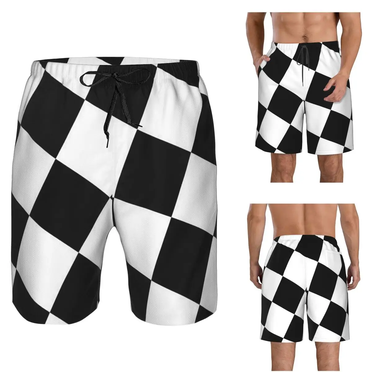 Checkered Squares Printing Trunks Beach Board Shorts Casual Quick Dry Swimming Summer Men Pants