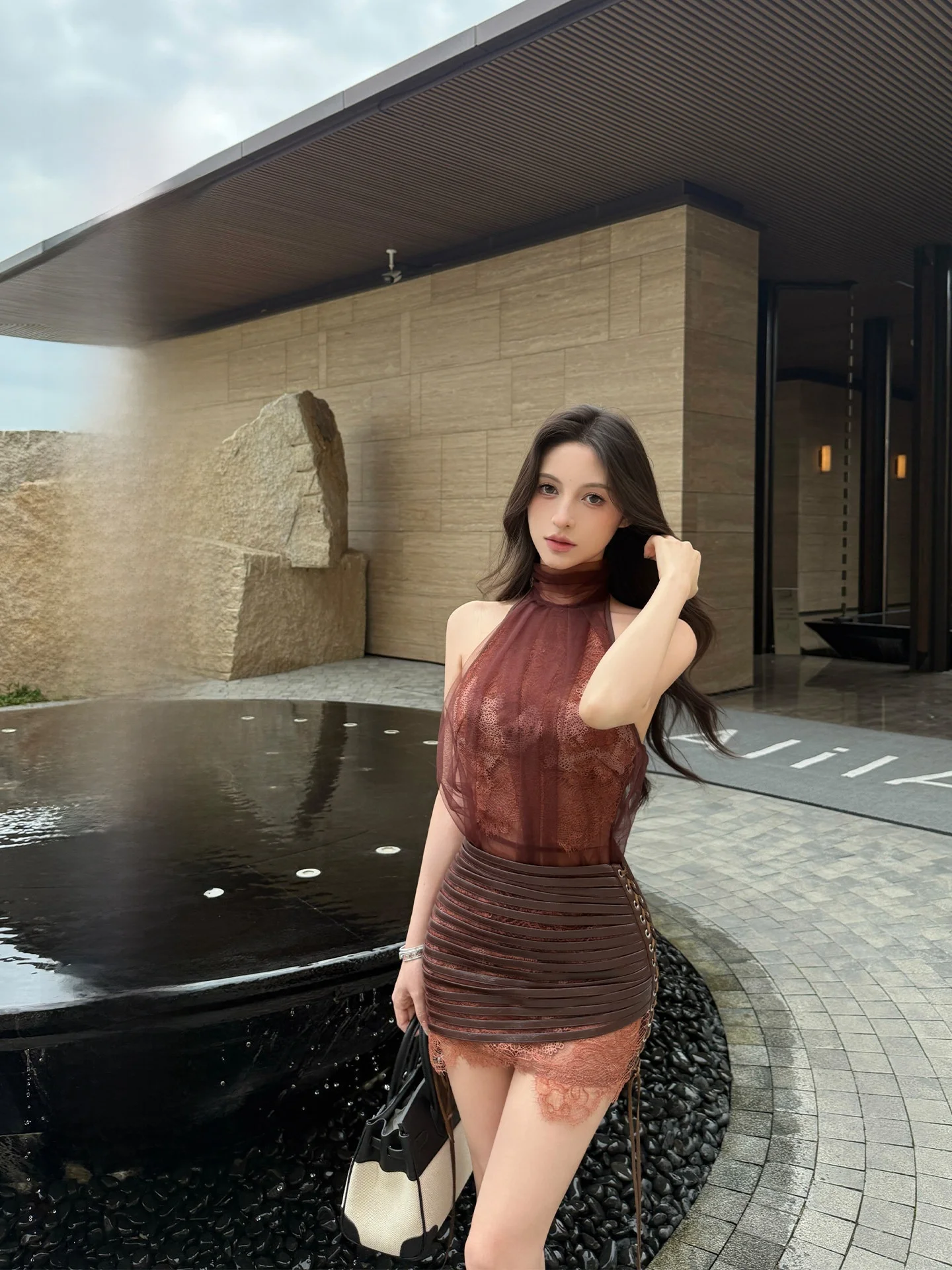 

Heavy Embroidery Lace Mesh Halter Top And Skirt Set Women's Fashion Spring Collection High Waist Slim Fit Short Length