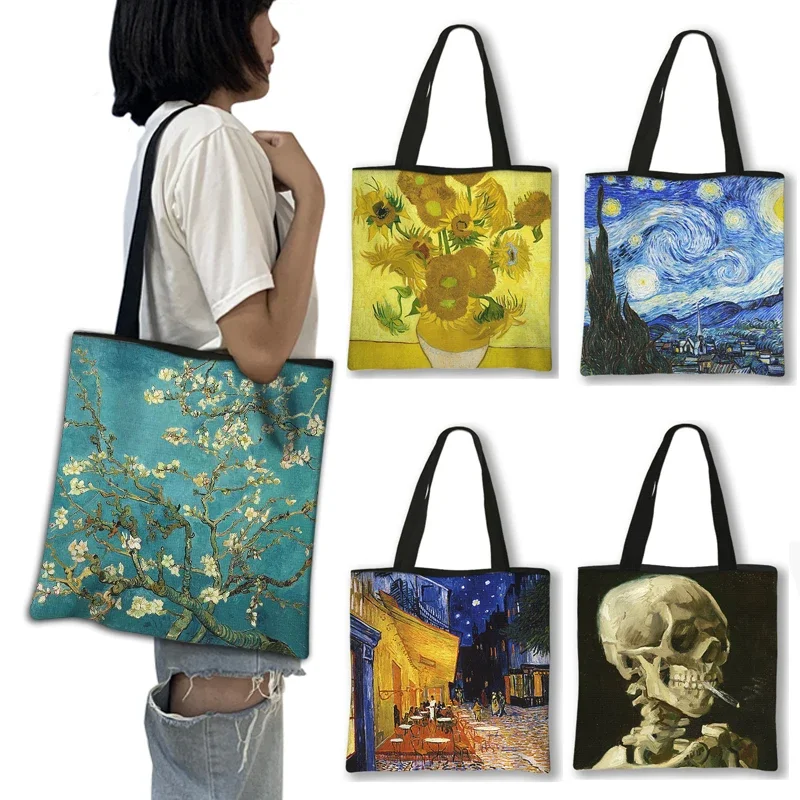 

Oil Painting By Van Gogh Shopping Bags Blossoming Almond Tree / Starry Night Women Handbag Canvas Shoulder Bags Casual Totes