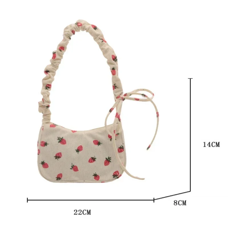 Small Underarm Bag For Women Corduroy Handbag Cute Strawberry Print Little Tote Half Moon Design Eco Cloth Mini Shoulder Bag image 2
