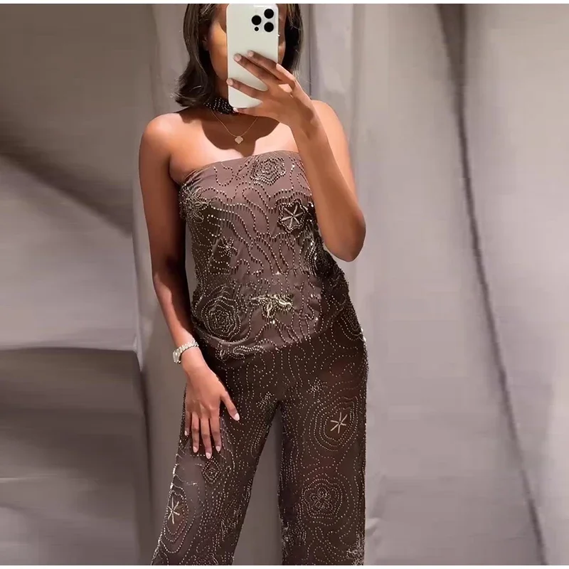 Setelan Vest dan Celana Wanita Bergaya Chic dengan Detail Manik-Manik, Tanpa Lengan, Punggung Terbuka, Crop Top Transparan, Celana Panjang, Pakaian Pesta Musim Panas 2025