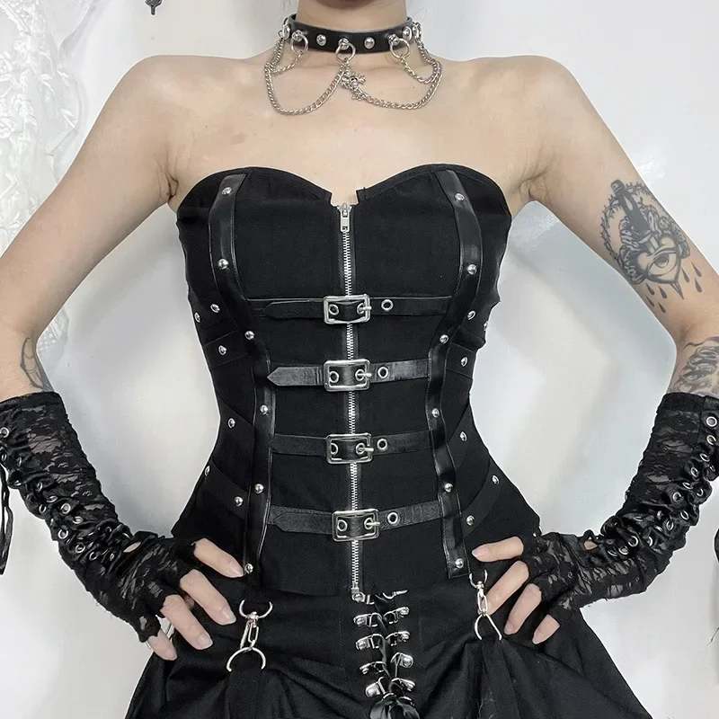 Goth Dark Punk Grunge Leather Buckle Strapless Corset Tops Mall Gothic Zip Women Tupe Top Y2K Coquette Streetwear Alt Tanks Vest