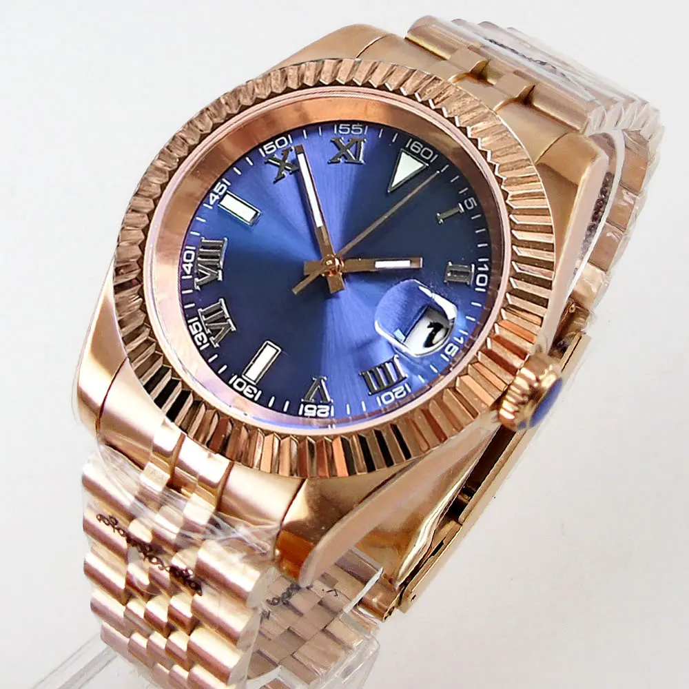 

Roman Number Sunburst Blue Fluted 36mm 39mm Rose Gold Watch Men Automatic Wristwatch Sapphire Crystal PT5000 MIYOTA Clock