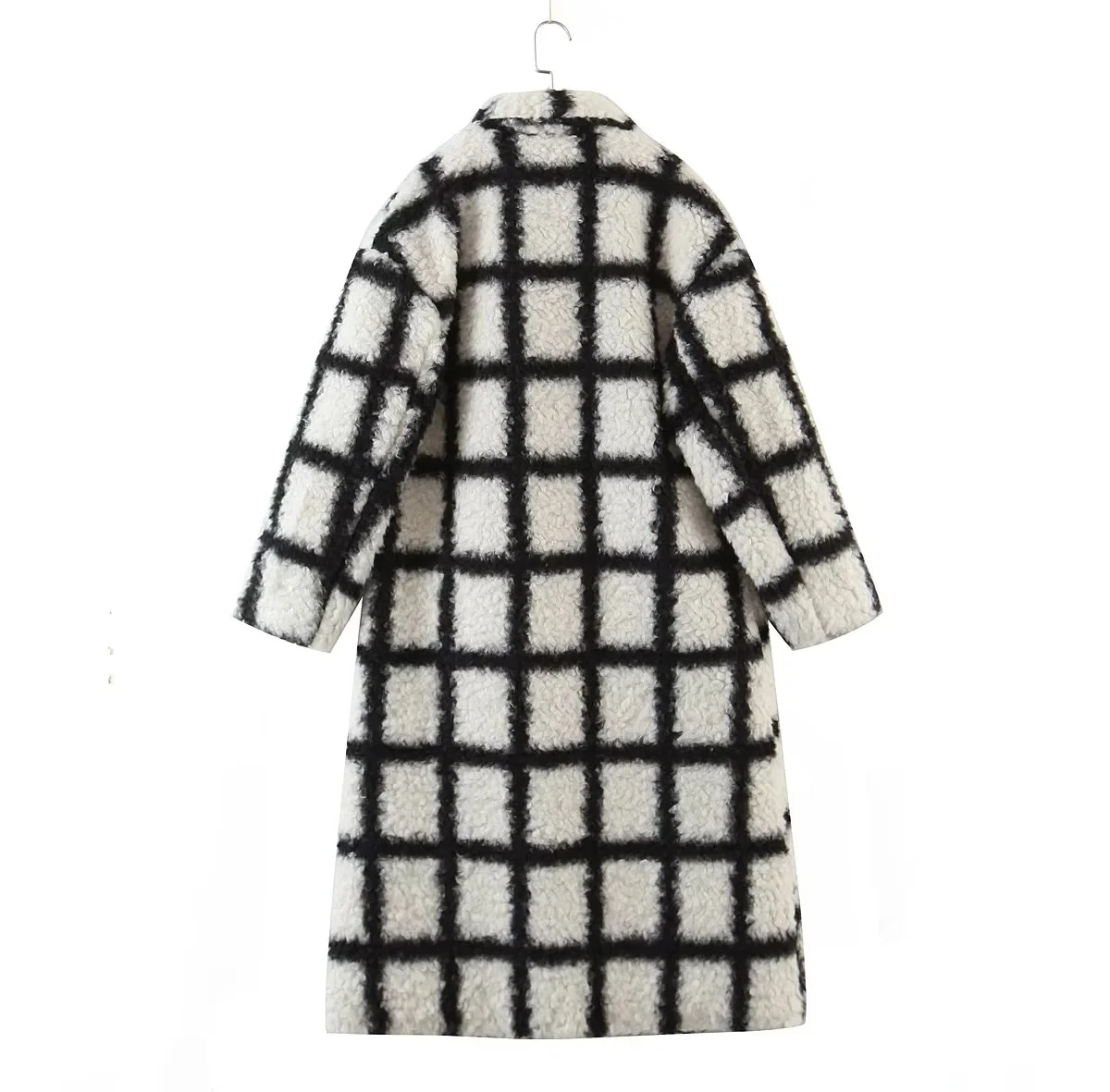 Dave&Di Ins Fashion Coat Blogger Retro Plaid Drop Shoulder Loose Lamb Hair Long Coat Trench Coat Women 9050