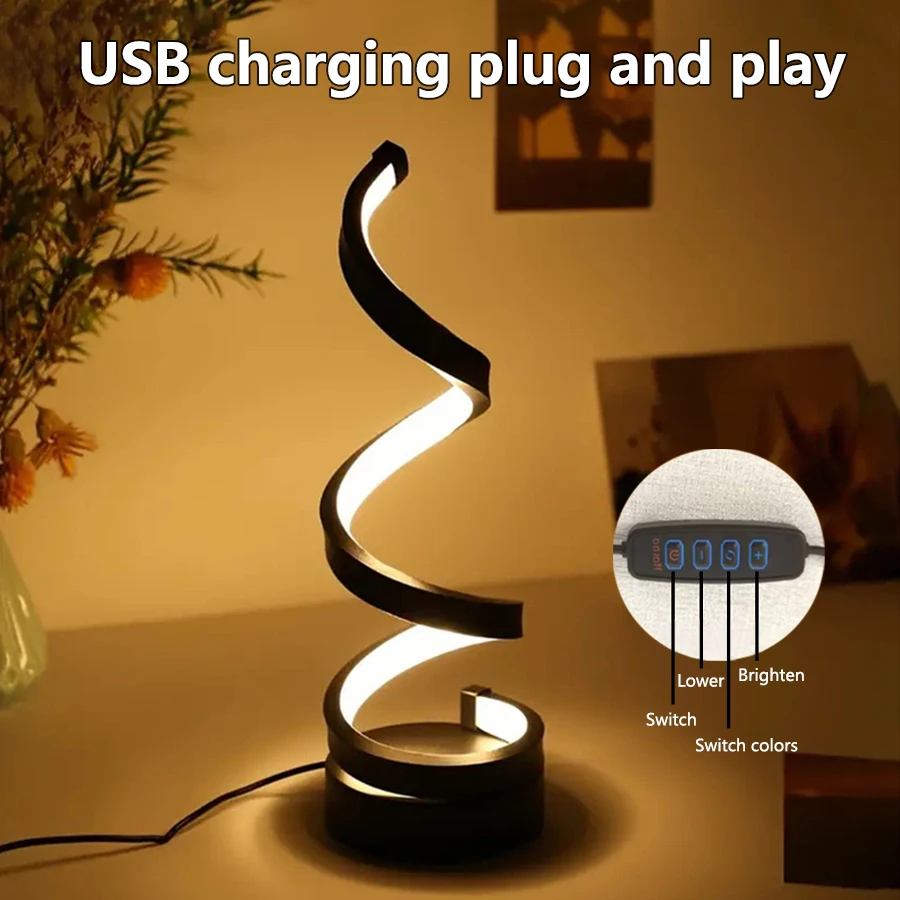 Modern Spiral Dimmable LED Table Lamp Bedroom Bedside Lamps USB Power Button Switch Bedroom Living Room Decorative Table Lamp