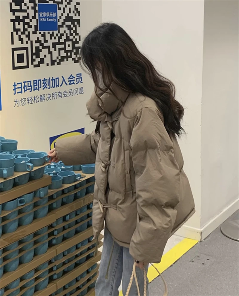 Korean Small Ox Horn Button Cotton Padded Jacket Female New Winter Lazy Wind Cotton Padded Jacket In 2022