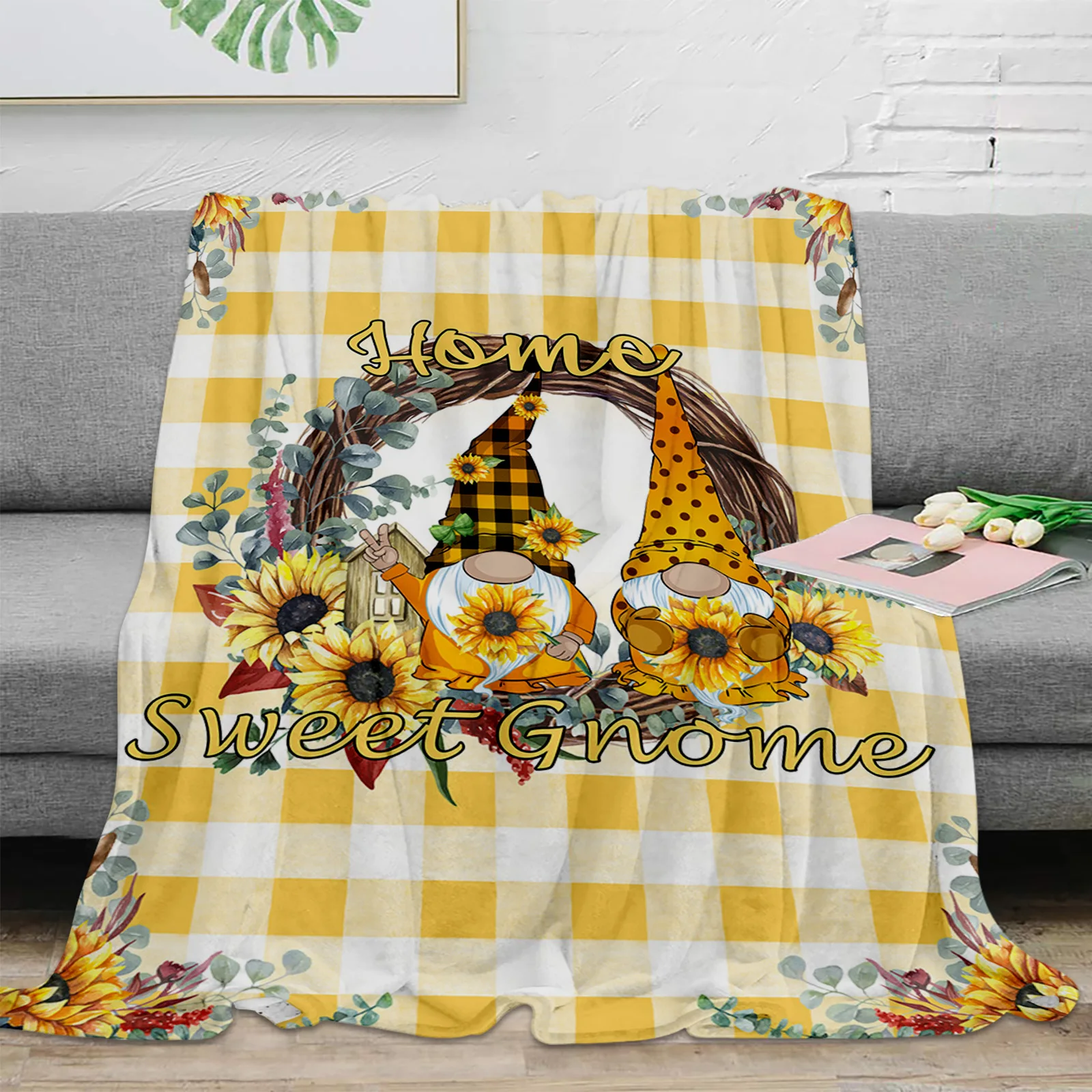 

Home Sweet Gnome Lattice Sunflower Throw Blanket Warm Plush Blankets Portable Travel Camping Picnic Blanket