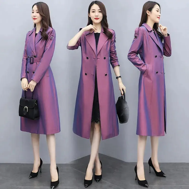 Purple Women\'s Windbreaker Coats 2023 Spring Autumn New Chameleon Chic Long Trench Coat Over The Knee Overcoat Outerwear Female