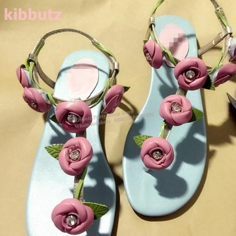 Pink Roses Blue Sandals Delicate Genuine Leather Mixed Color Clip-Toe Flat With Fashion Elegant Sexy Party Dress Women Shoes New