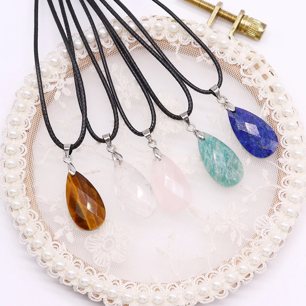 Multicolor Delicate Water Drop Shape Natural Gemstone Rope Chain Pendant Necklace  Jewelry for Fashion Women Enhance Charm
