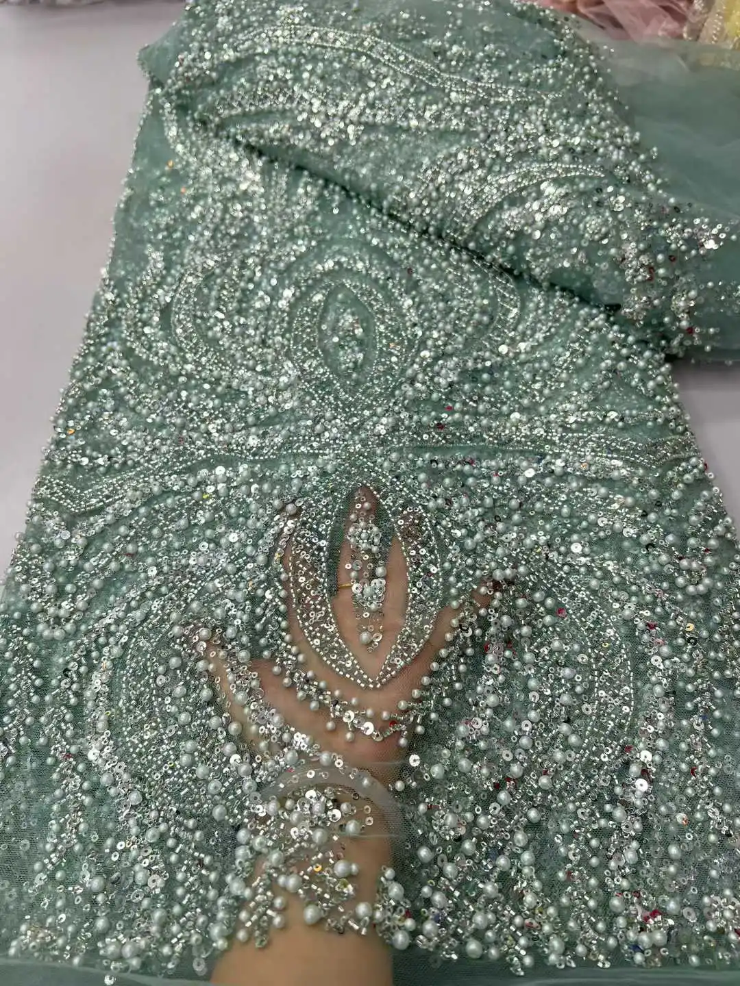 African Mesh Sequins Lace Fabric 2025 High Quality French Tulle Lace Nigerian Beads Net Lace Fabric For Woman Party Dress